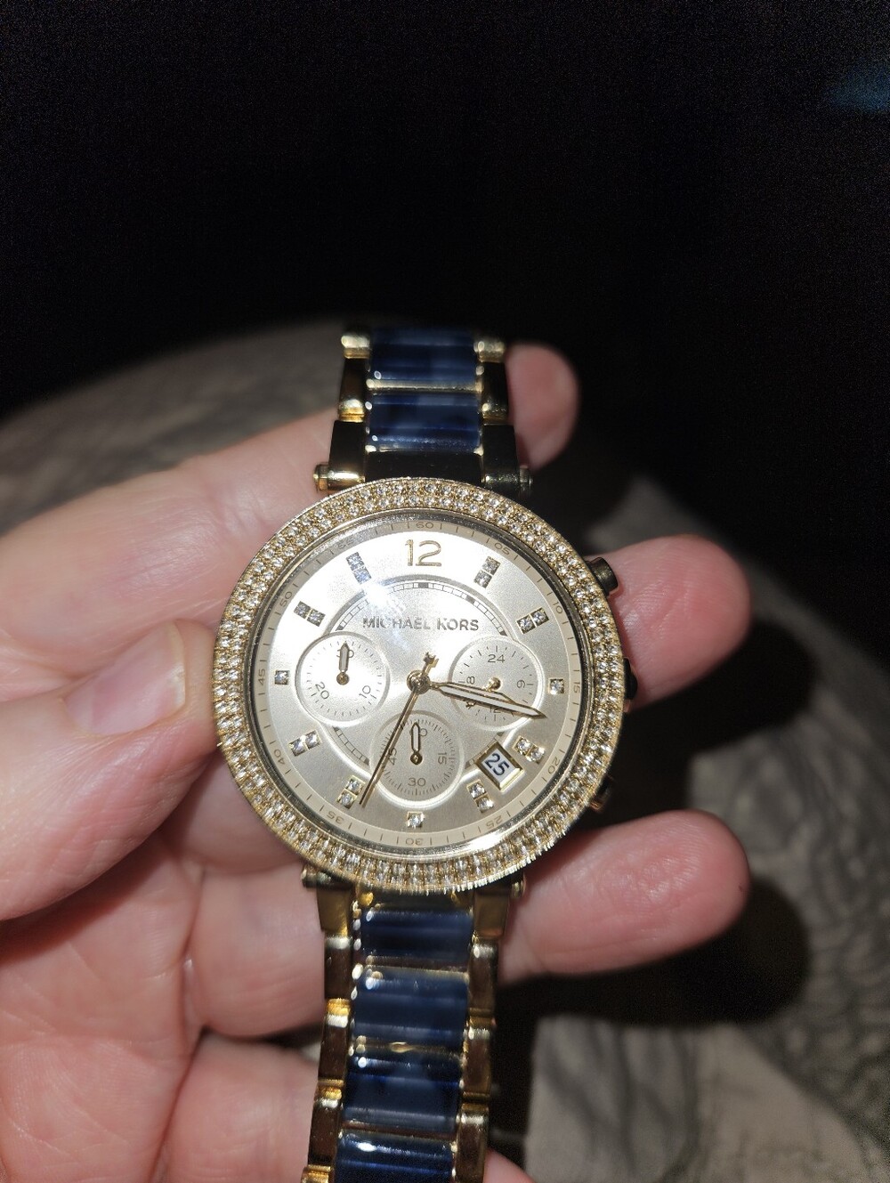 Michael Kors Gold Tone Watch with Navy Link Bracelet